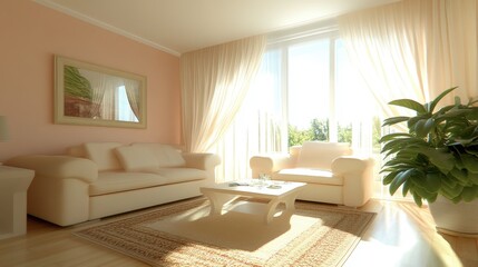 Fototapeta premium A bright pastel living room with peach and cream furniture, a cozy rug, and sheer drapes.