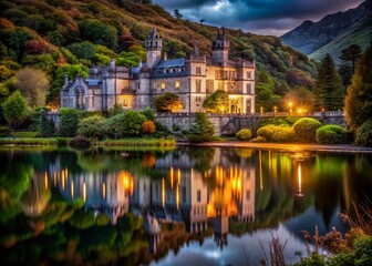 Obraz premium Kylemore Abbey Ireland Night Photography - Gothic Architecture Illuminated