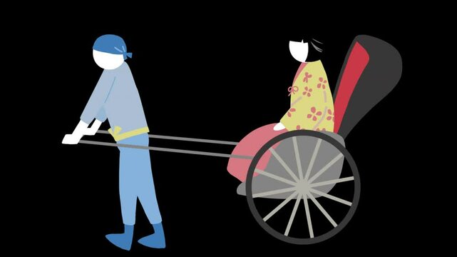 和服を着た女性が乗る日本の伝統的な人力車をのイラスト動画素材