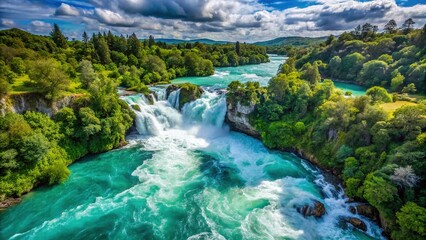 Dramatic Aerial View of Huka Falls, Taupo, New Zealand - Powerful Waterfall Landscape