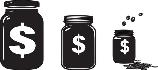 Silhouette of a money saving jar with dollar sign on the front, money saving jar outline vector silhouette