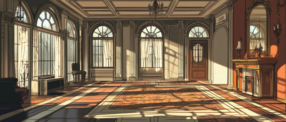 Obraz premium Victorian interior illustration with bright colors and rich shadows showcasing elegant design
