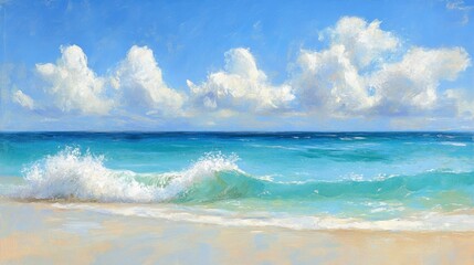 Fototapeta premium A calm beach with a single set of waves breaking onto the shore.