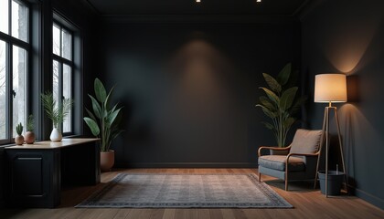 Fototapeta premium A cozy black studio room with soft, focused lighting creates a dramatic and elegant space.