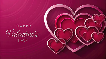 A festive Valentine's Day card featuring layered hearts in pink and red colors.Bright crimson background on the theme of love