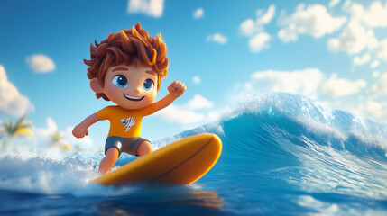 cute 3d male surfer character surfing the crest of a wave