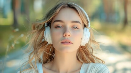 Fototapeta premium A young European woman in her early 20s with fair, rosy skin and light blonde hair, wearing a short, sports sleek white wireless headphones.