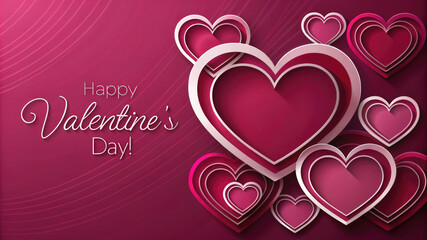 A festive Valentine's Day card featuring layered hearts in pink and red colors.Bright crimson background on the theme of love