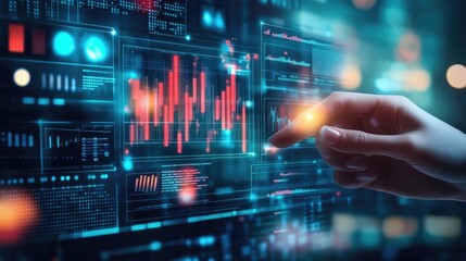 Futuristic technology with holographic screens, floating geometric shapes, and glowing data points creating a digital environment.