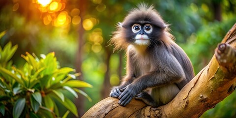 Fototapeta premium Dusky Leaf Monkey on Ancient Tree Branch, Prachuap Khiri Khan, Thailand