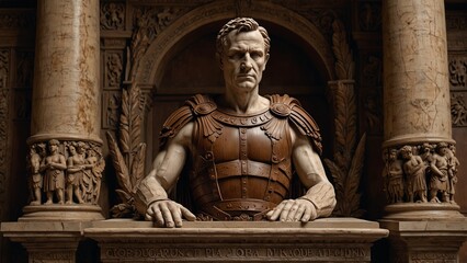 A bold wooden carving of Julius Caesar, depicted with a laurel wreath and Roman armor, surrounded by carved Roman columns, togas, and gladiators.