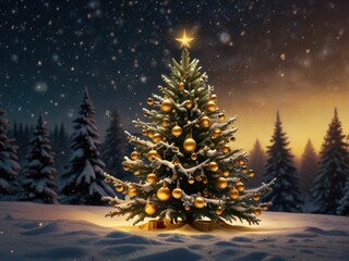Naklejka premium Snowy Winter Night Christmas Tree Scene