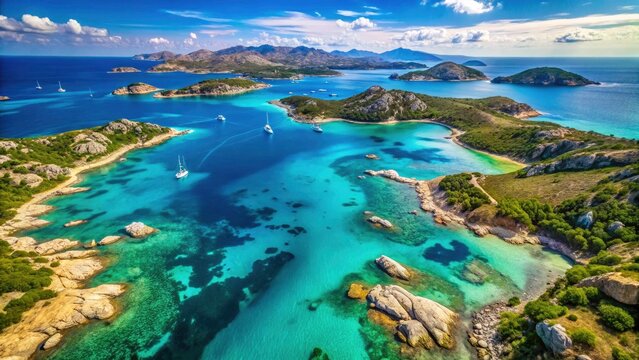 Sardinia's Maddalena Archipelago: Aerial view of Santa Maria, Budelli, Razzoli, and the stunning Inland Sea.