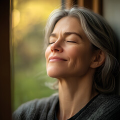 Obraz premium A serene portrait of a middle-aged woman sitting by the window, the light falling on her face. Her eyes are closed and there is a smile on her lips. The background features blurred greenery outside