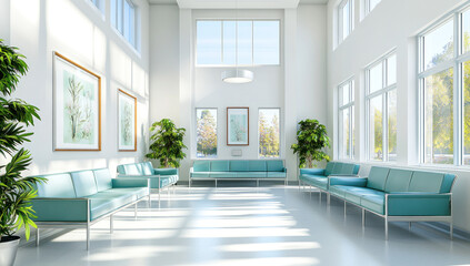 Obraz premium Sunlit modern waiting room with teal sofas, plants, and large windows.