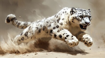 Obraz premium A dynamic depiction of a snow leopard sprinting through a sandy landscape.