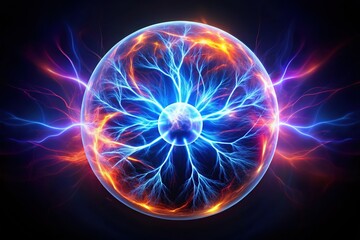 Obraz premium Electric Ball: Powerful Plasma Sphere Energy Flash, Aerial Lightning Circle Strike Impact on Dark Background - 3D Render