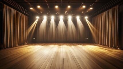 A classic yet modern stage adorned with neutral curtains, bright lights, and sleek wooden floors for all types of events.