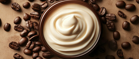 Creamy coffee cream vortex surrounded by roasted coffee beans for cosmetic promotion