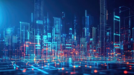 Modern high-tech city with glowing virtual buildings, digital grids, and holographic projections filling the skyline.