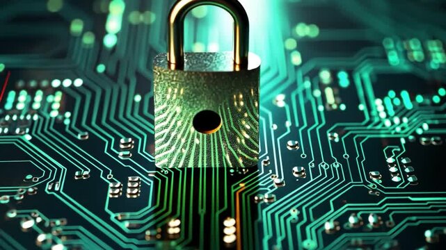 Cybersecurity: A golden padlock rests atop a circuit board, symbolizing digital protection and safeguarding data in the digital age. 