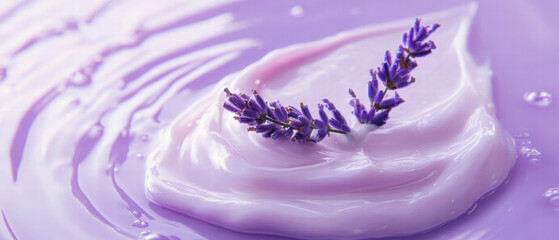 Swirling lavender cream on a purple background enhancing beauty and freshness