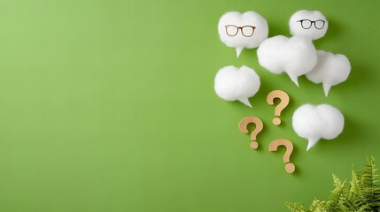 Creative conversation concept with speech bubbles and question marks on green background