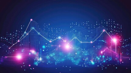 Modern tech illustration with flowing light trails, digital grid patterns, and glowing data streams.
