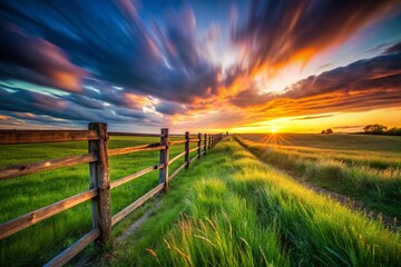 Fototapeta premium Long Exposure Pasture Fence Line at Sunset, Rural Landscape Photography