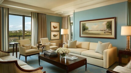 A contemporary pastel living room featuring muted teal walls, light beige furniture, and framed artwork.