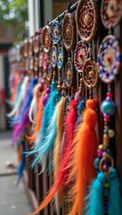 Colorful dreamcatchers on display rack