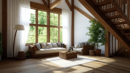 Fototapeta premium Charming farmhouse country home surrounded by lush greenery and serene landscapes in a picturesque rural setting.