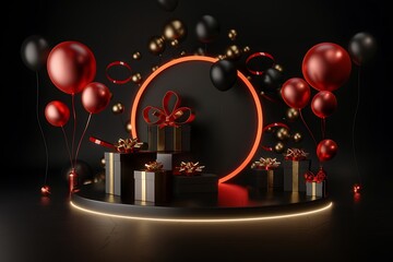 Elegant Black and Red Gift Scene with Balloons and Festive Decor