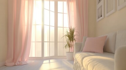 A cozy pastel living room featuring soft pink curtains, muted cream walls, and a relaxing vibe.