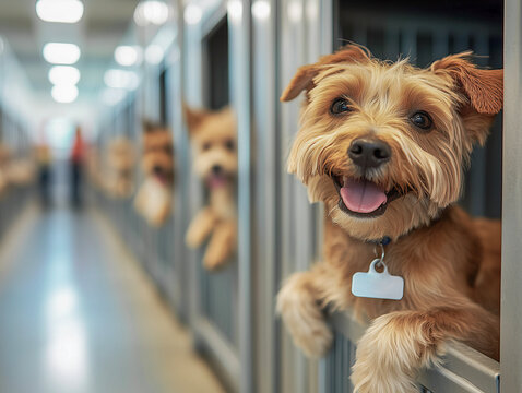 yorkshire terrier in the kenel in animal shelter clean and aoganized. animal pet rescuue.