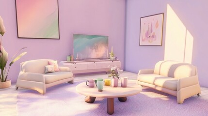 A cozy pastel living room with a light lilac rug, cream chairs, and a coffee table set with pastel-colored mugs.