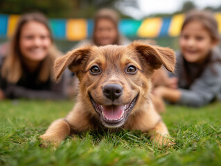 Smiling family spending quality time with an adopted dog in a colorful outdoor setting.