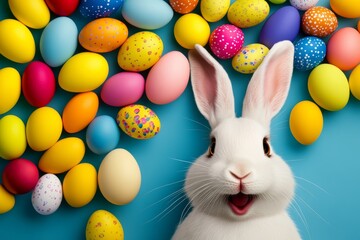 Rabbit is standing in front of a bunch of Easter eggs. The eggs are in various colors and sizes, and the rabbit is looking up at them. Concept of joy and excitement
