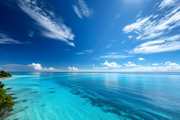 Obraz premium Panorama of clear sky background for summer vacation concept at ocean and summer sea water with sunlight of beautiful cloudy sky.