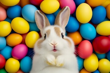 Fototapeta premium Rabbit is laying in a pile of colorful eggs. The eggs are in various colors, including yellow, orange, and red. The rabbit is looking up at the camera, seemingly curious or surprised by the eggs