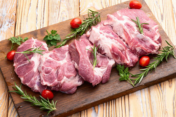 Neck of raw pork meat . Top view