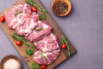 Neck of raw pork meat . Top view