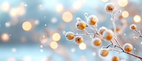 Fototapeta premium Frosty Winter Berries on Branch with Sparkling Bokeh Lights Background
