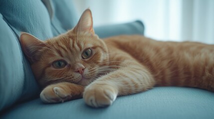 A relaxed orange tabby cat lounging on a blue couch, showcasing its beautiful green eyes.