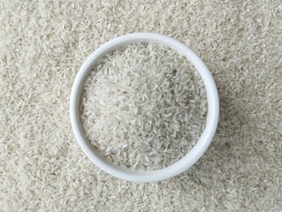 White rice in bowl with rice background. Asian raw food, Top view angle setup 