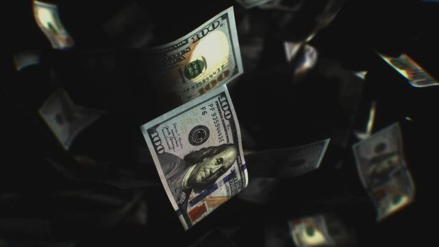 Falling Money and Floating Dollar Bills Dynamic Scene of Wealth and Abundance Against Dark Background, Evoking Excitement and Opportunity in Finance and Currency.
