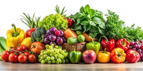 A vibrant collection of fresh produce, showcasing a variety of colorful vegetables and fruits, artfully arranged on a wooden surface against a bright white backdrop