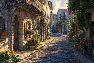 Charming Cobblestone Lane: Sun-drenched cobblestone street winds through a picturesque village, lined with charming stone buildings adorned with vibrant flowers and lush greenery.  A warm.