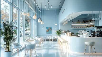 The interior of a modern coffee shop in white and blue tones, with floor-to-ceiling windows.