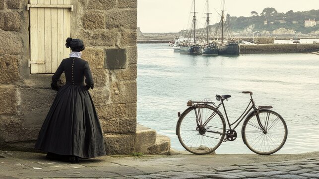 Bigoudenne in Bretagne: A Woman in Traditional Breton Costume by the Sea with a Bike near the Port of Brittany